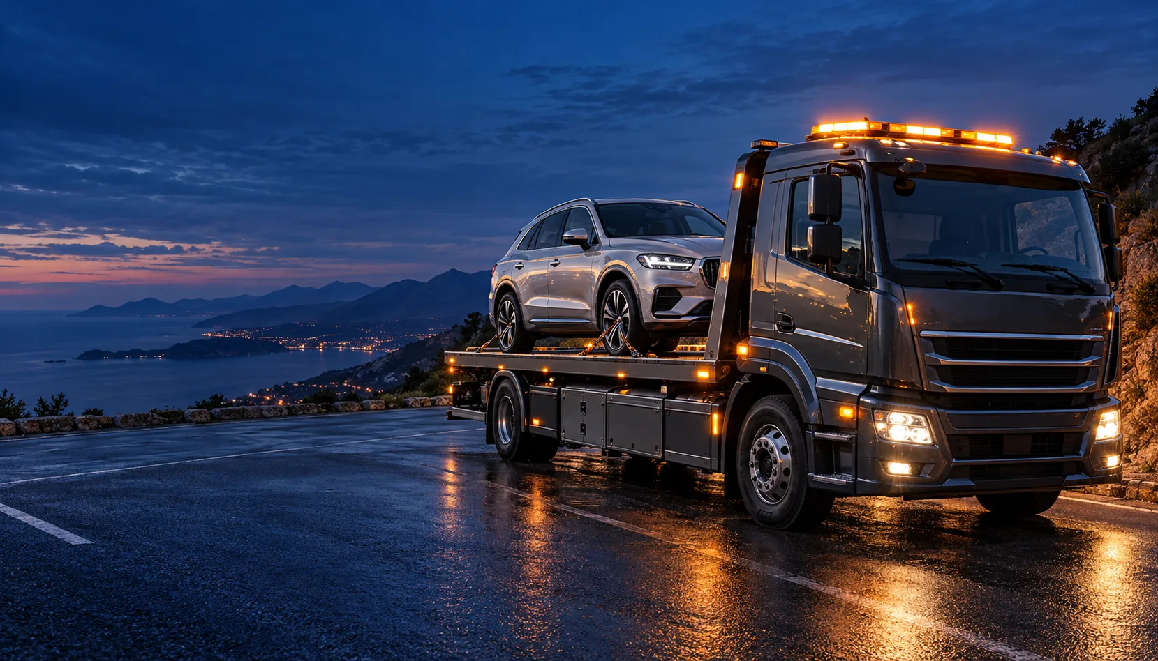 Yol üzerinde otomobil taşıyan platformlu çekicinin temsili görünümü